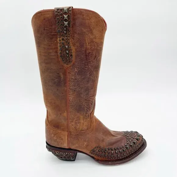 Lucchese Women’s 9 Brown Mad Dog Stud Wingtip Distressed Western Cowgirl Boots - Picture 2 of 12